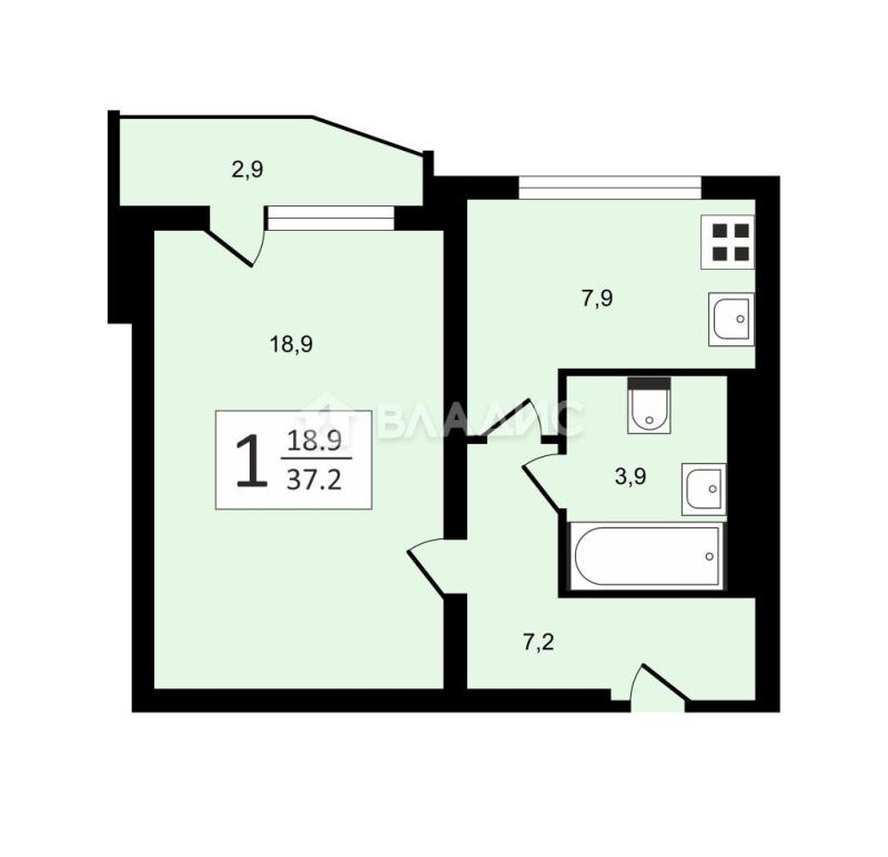 1-комнатная квартира, 38.6 м2