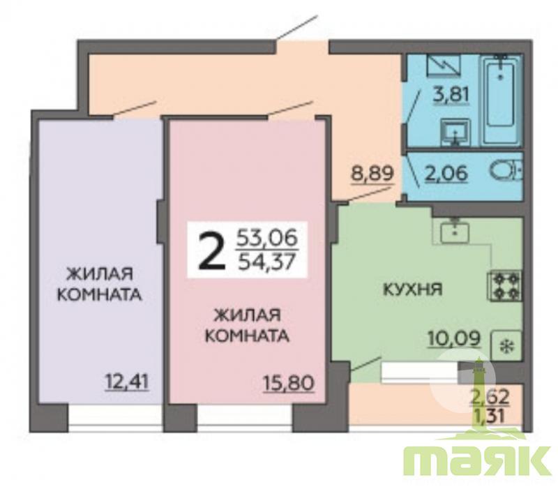 2-комнатная квартира, 54.37 м2