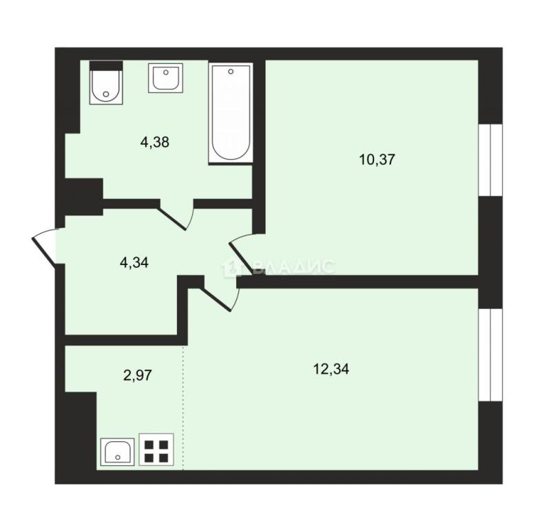 2-комнатная квартира, 34.4 м2
