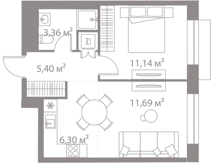 1-комнатная квартира, 37.89 м2