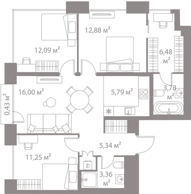3-комнатная квартира, 77.4 м2