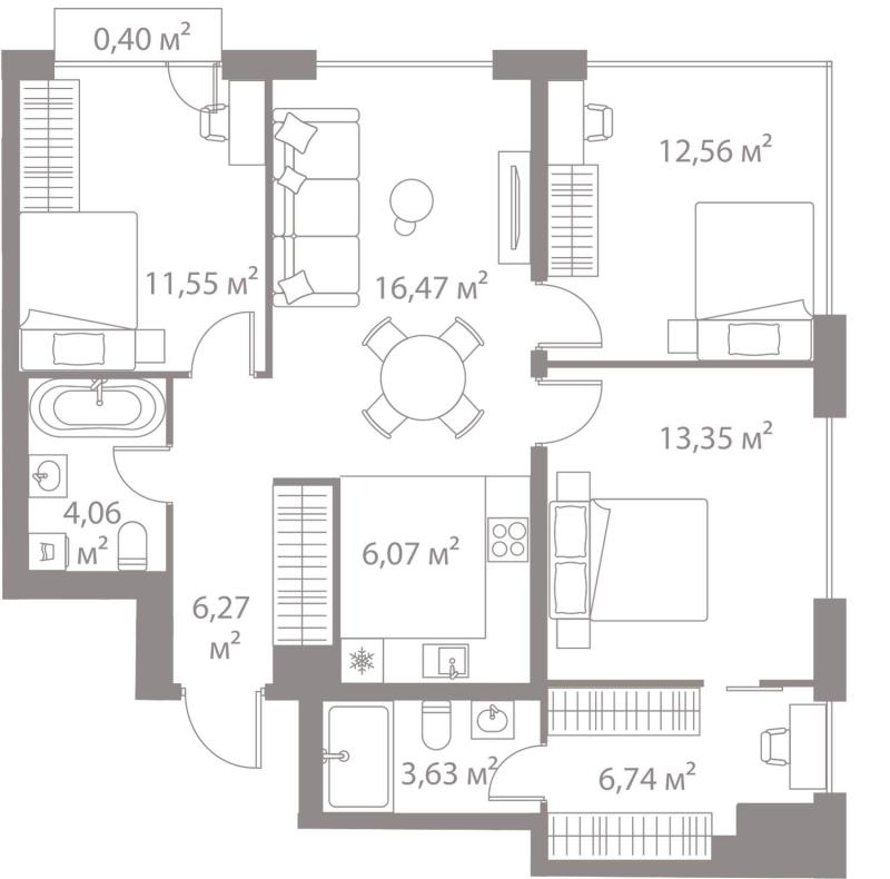 3-комнатная квартира, 81.1 м2