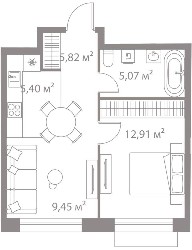 1-комнатная квартира, 38.65 м2