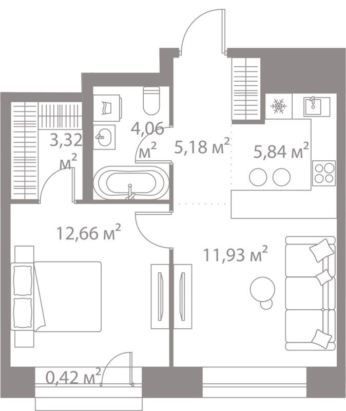 1-комнатная квартира, 43.41 м2