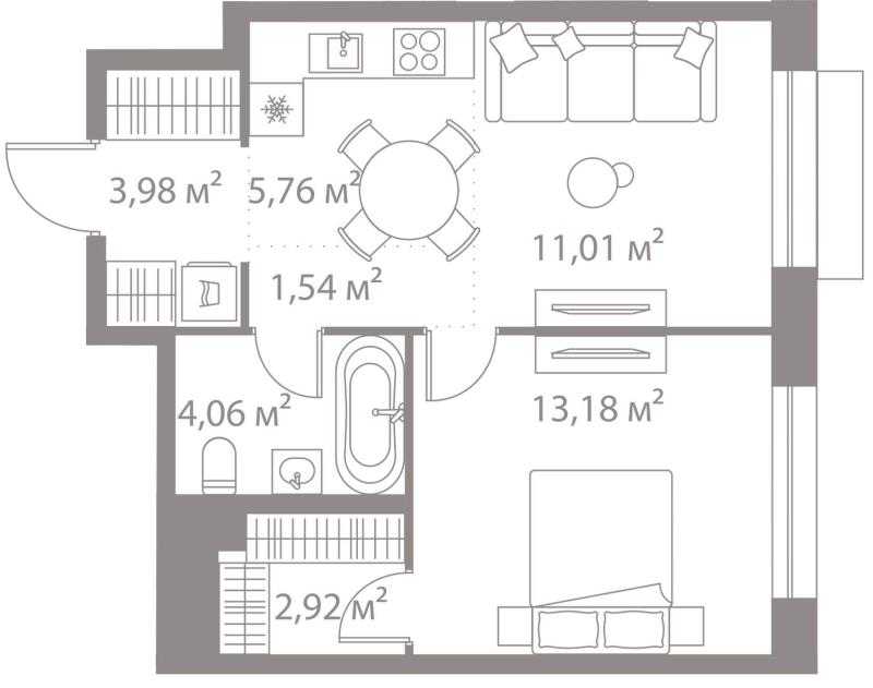 1-комнатная квартира, 42.45 м2