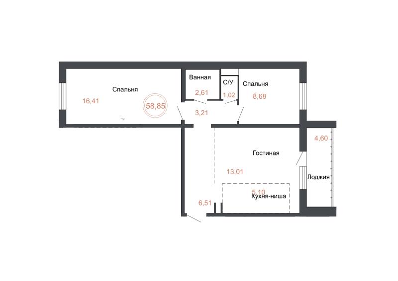 3-комн. квартира, 58.85 м²
