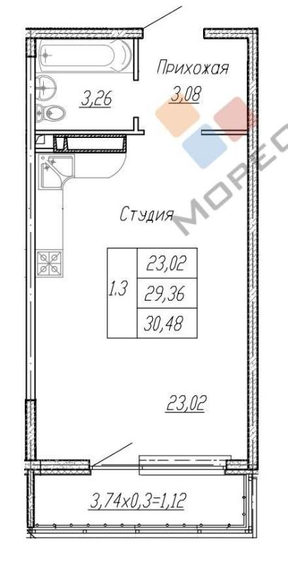 1-комнатная Квартира, 30.48 м2