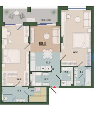 2-комнатная квартира, 88.6 м2