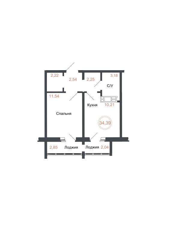 2-комнатная Квартира, 34.39 м2