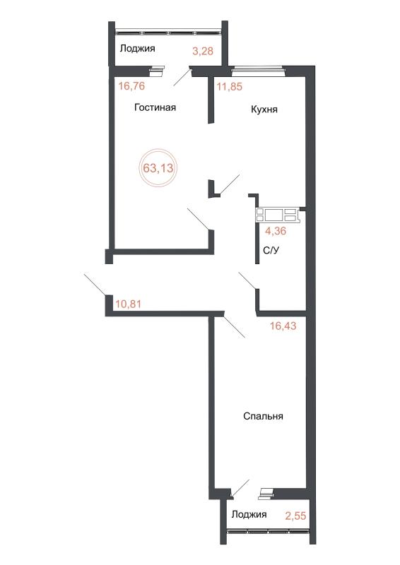 2-комнатная Квартира, 63.13 м2