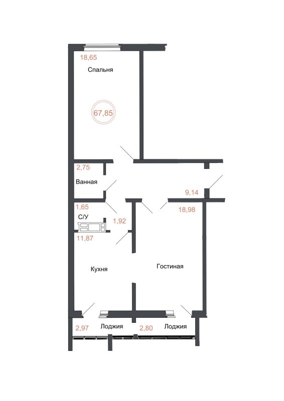 2-комнатная Квартира, 67.85 м2