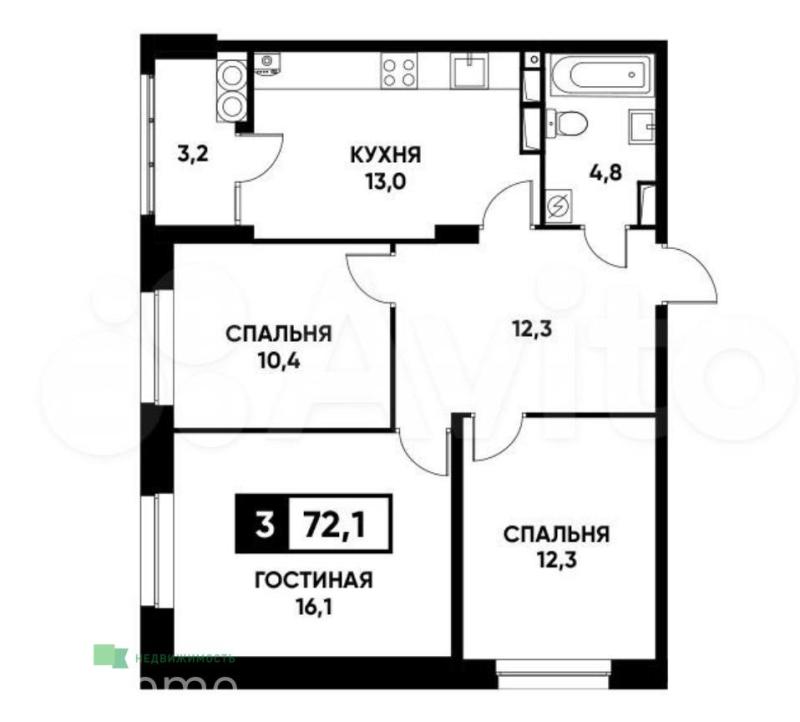 3-комнатная квартира, 72 м2