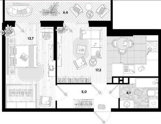 2-комнатная квартира, 43.3 м2