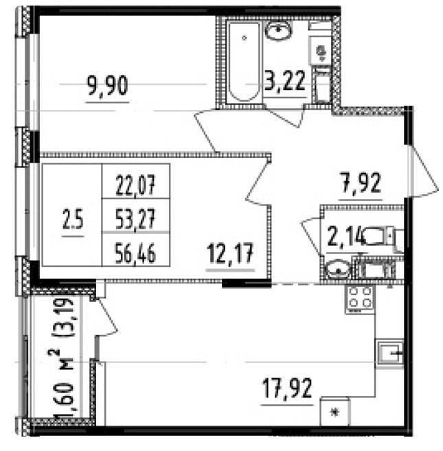 2-комн. квартира • 56.46 м2 • 2/14 этаж. Фото 1