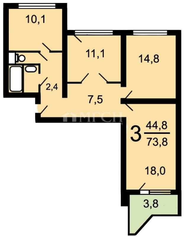 3-комн. квартира, 73.8 м², 3/17 этаж