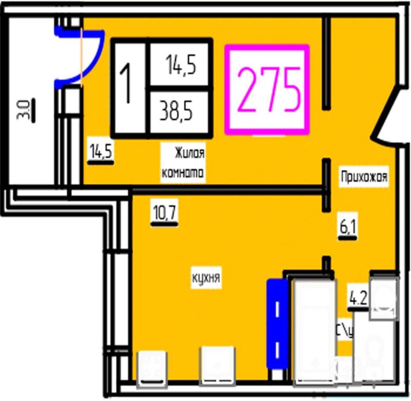 1-комн. квартира, 38.5 м², 11/12 этаж
