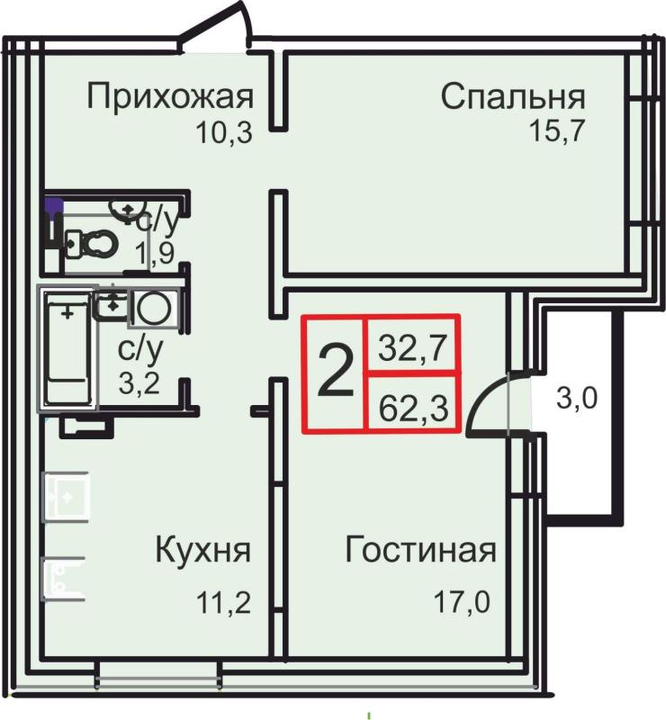 2-комн. квартира, 62.3 м², 2/12 этаж