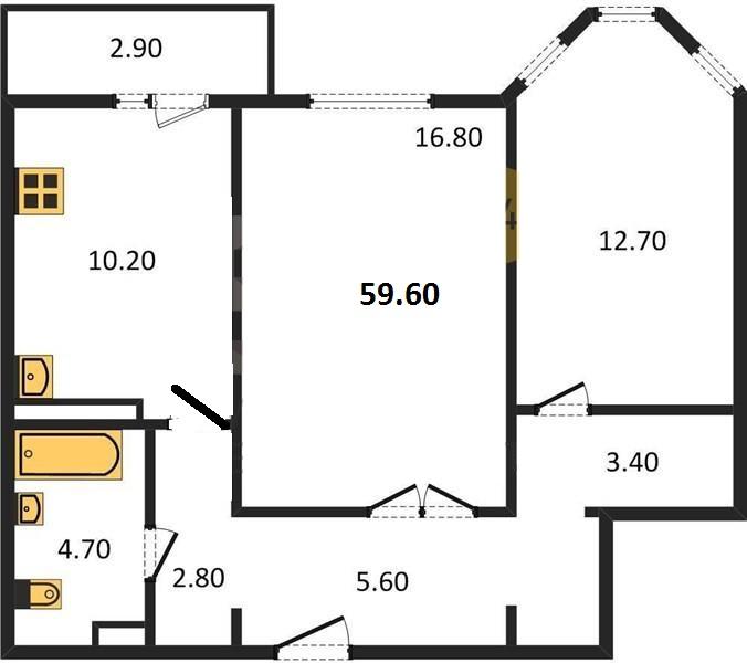 2-комнатная квартира, 60 м2