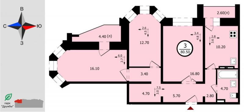 3-комнатная квартира, 81 м2