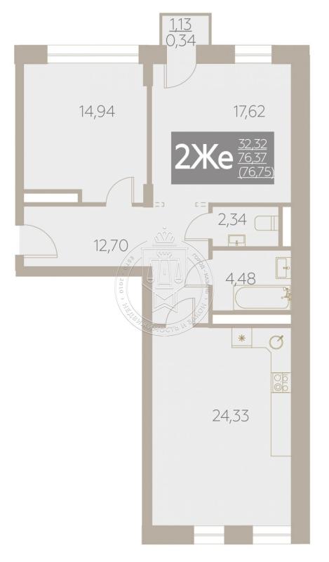 2-комнатная квартира, 76.75 м2