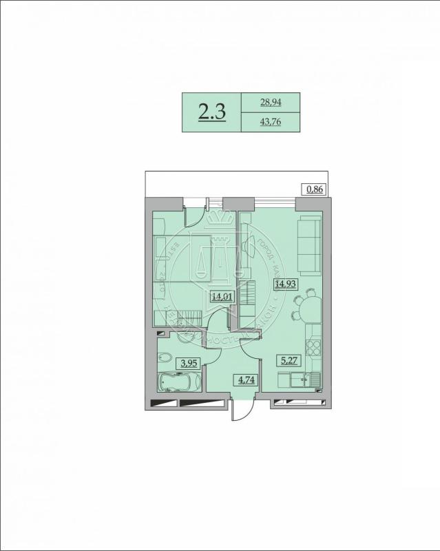 2-комнатная квартира, 43.5 м2