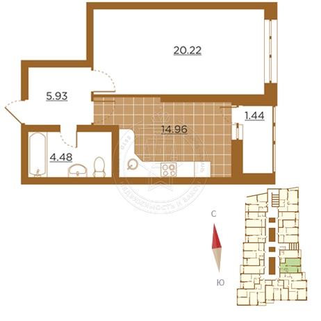 1-комнатная квартира, 46.42 м2