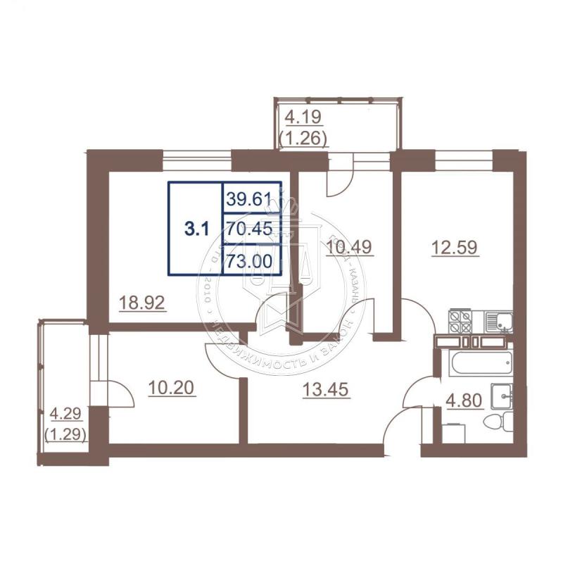 3-комнатная квартира, 73 м2