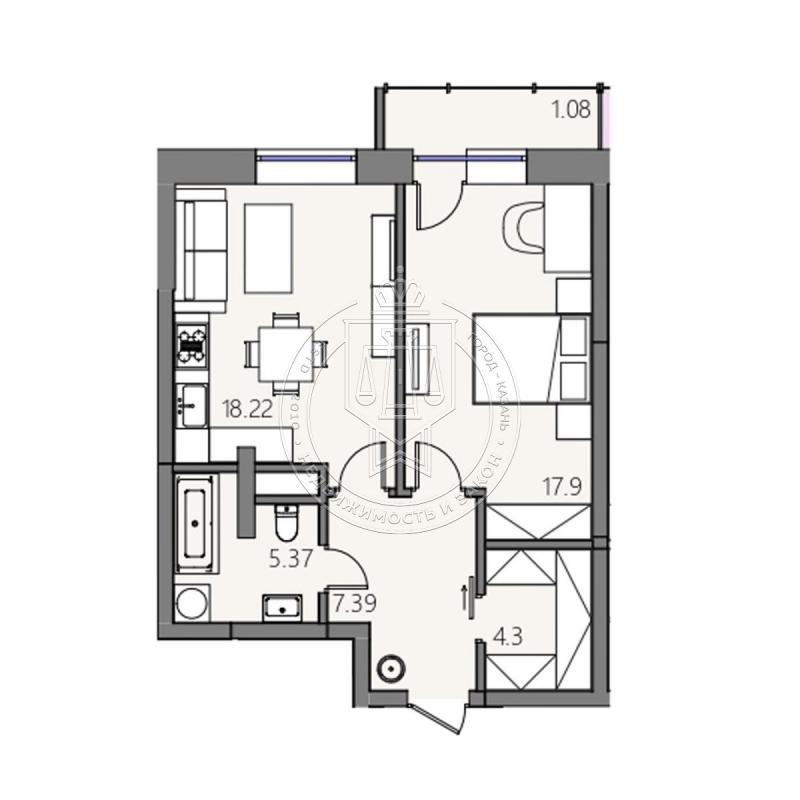 1-комнатная квартира, 54.26 м2