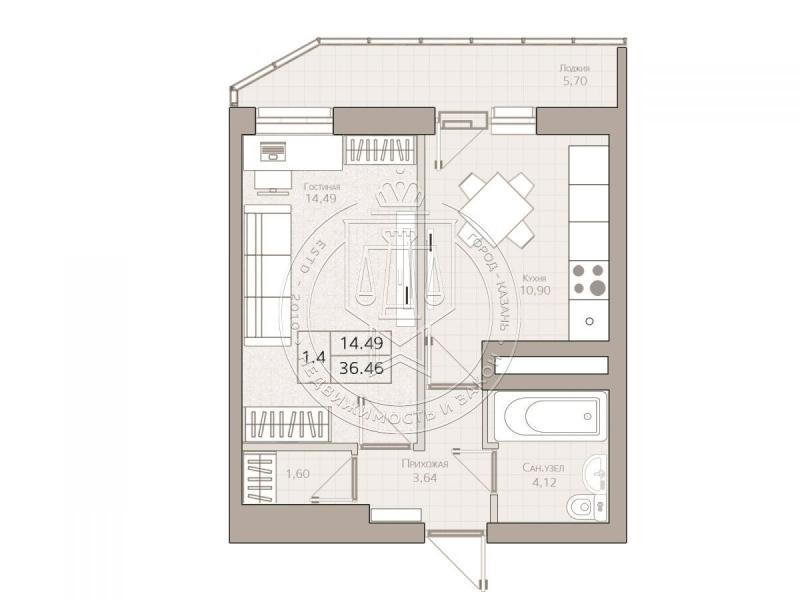 1-комнатная квартира, 36.46 м2