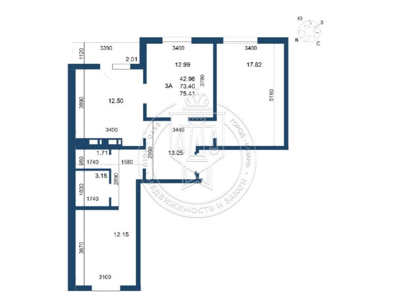 3-комнатная квартира, 75.2 м2