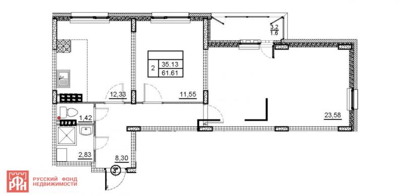 2-комнатная квартира, 61.61 м2