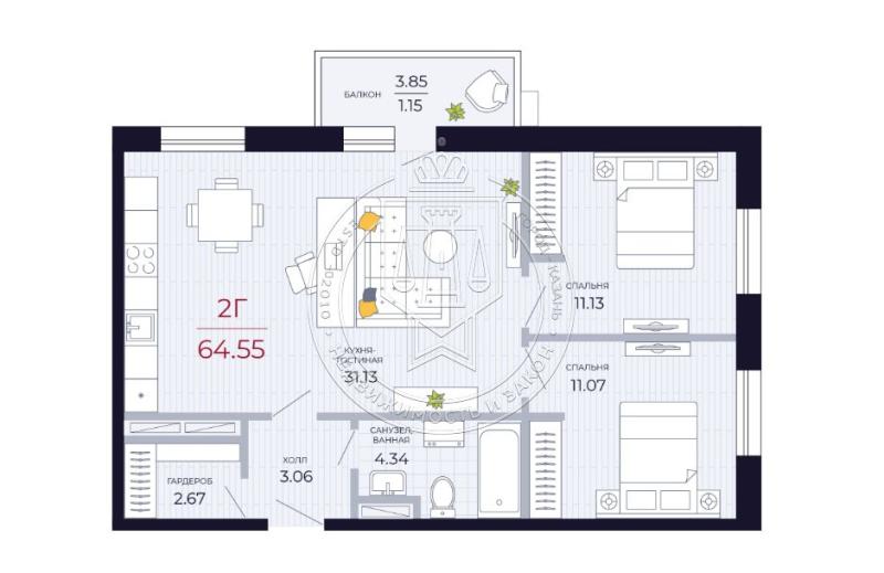 2-комнатная квартира, 64.55 м2