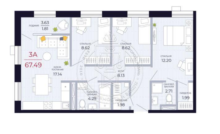 3-комнатная квартира, 67.49 м2