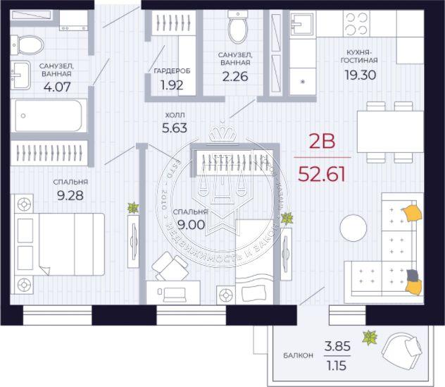 2-комнатная квартира, 52.61 м2