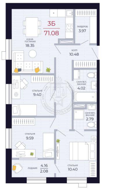 3-комнатная квартира, 71.08 м2