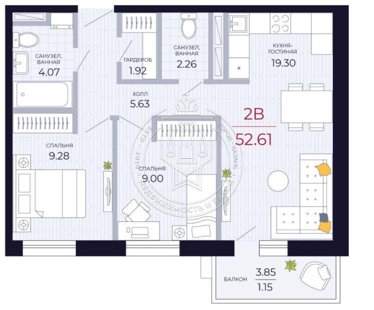 2-комнатная квартира, 52.61 м2