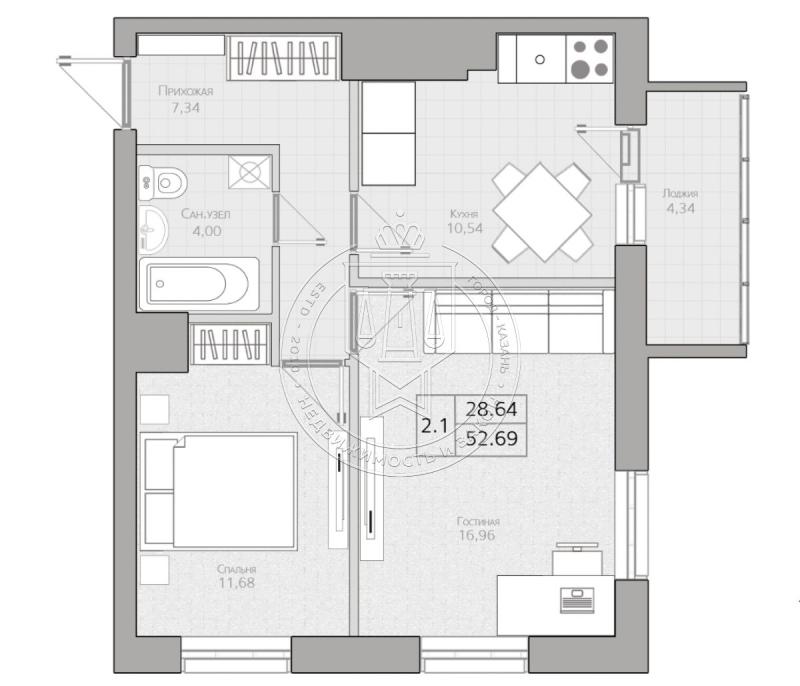 2-комнатная квартира, 52.69 м2