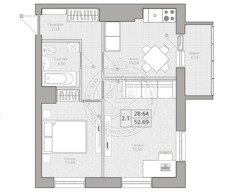 2-комнатная квартира, 52.69 м2