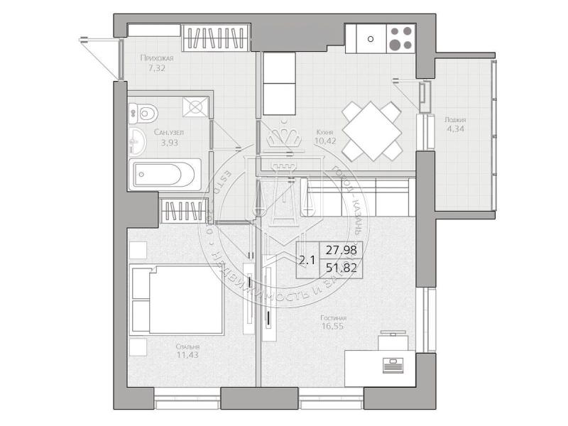 2-комнатная квартира, 52.69 м2