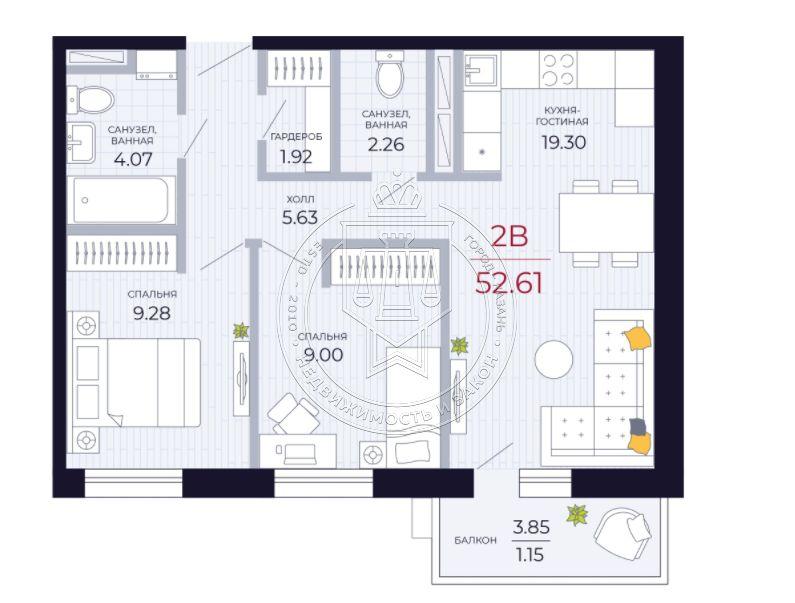 2-комнатная квартира, 52.61 м2