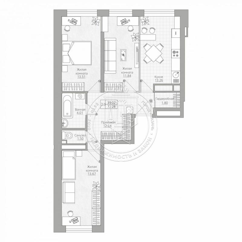 3-комнатная квартира, 72.13 м2