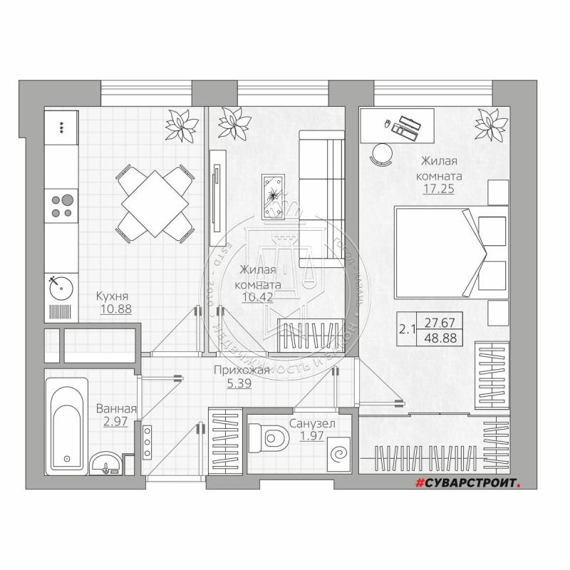 2-комнатная квартира, 48.88 м2