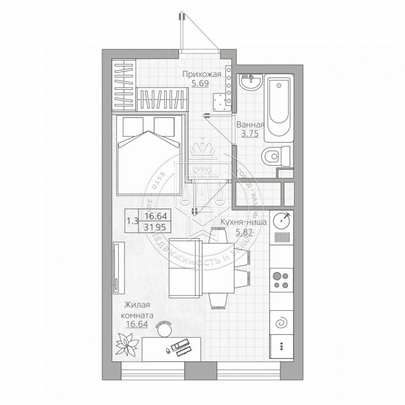 1-комнатная квартира, 31.95 м2