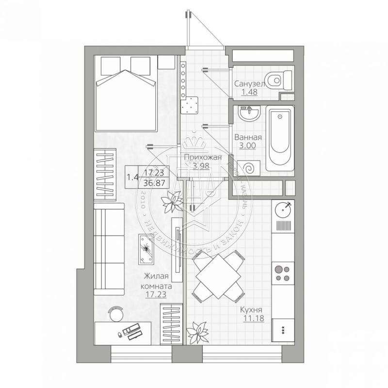 1-комнатная квартира, 36.87 м2