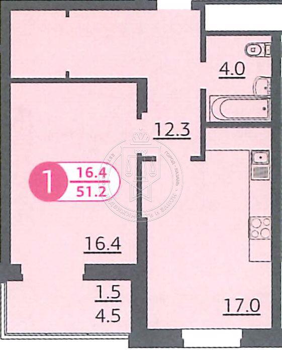 1-комнатная квартира, 51.1 м2