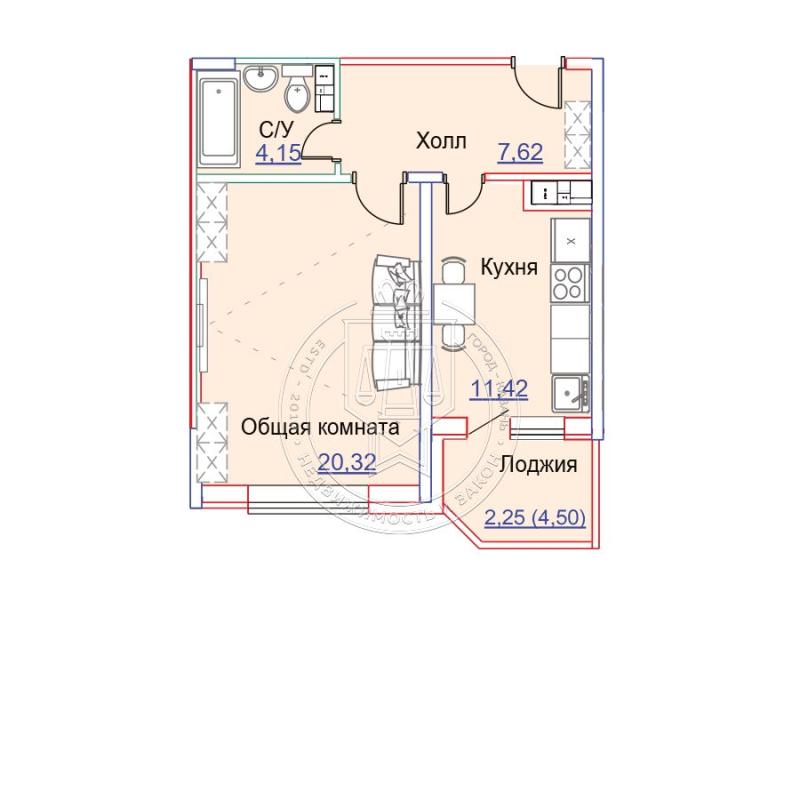 1-комнатная квартира, 45.56 м2