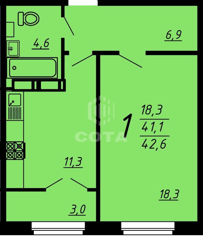 1-комнатная квартира, 42.6 м2