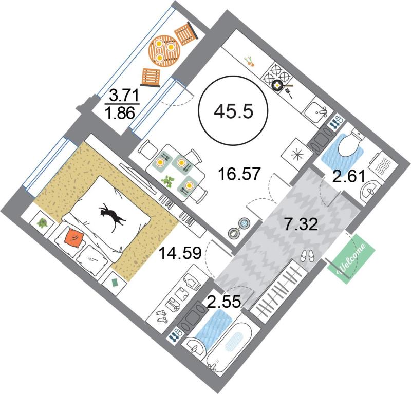 1-комнатная квартира, 45.5 м2
