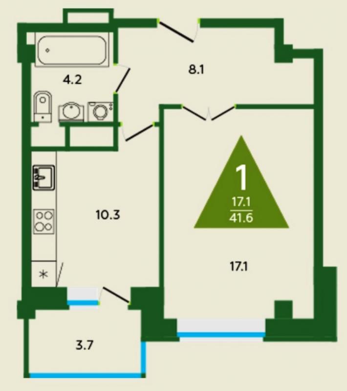 1-комнатная квартира, 41.6 м2