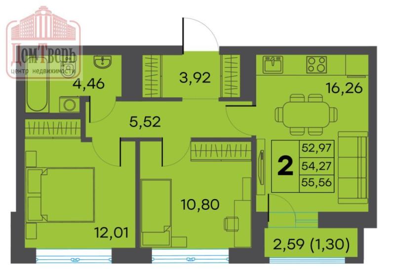 2-комнатная квартира, 54.27 м2